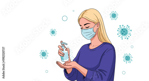 Woman wearing a surgical face mask and using a bottle of liquid hand sanitizer to protect against viruses and bacteria in the environment.