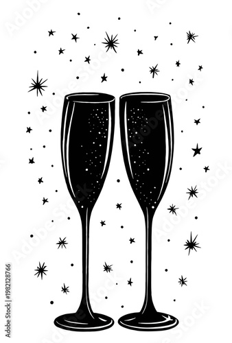 Elegant black and white illustration of two sparkling champagne flutes toasting for a festive celebration, party, or New Year's event