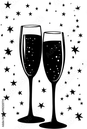 Two elegant champagne flutes toasting with sparkling wine and scattered stars, black and white vector illustration for celebration and festive occasions.