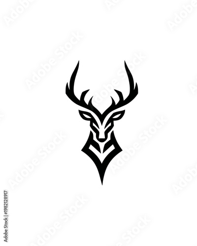 Minimalist tribal stag head with antlers vector illustration. Abstract geometric deer icon design on white background, wild animal.