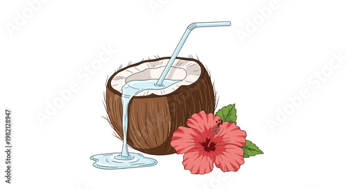 Freshly cracked coconut with a straw spills its milk next to a vibrant red hibiscus flower on a clean white background.