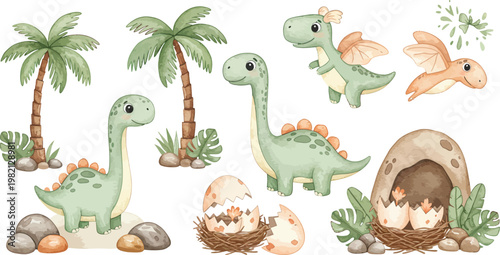 Funny cartoon vector illustration of a wild baby dinosaur with a chicken and eggs, a yellow Easter bunny, and a green snake in a blue nature zoo