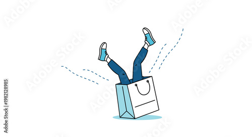 Humorous illustration shows a person legs sticking out from a white shopping bag as if they fell headfirst into a great sale.