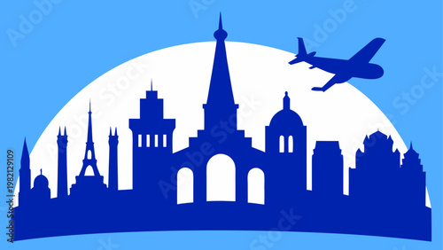 Silhouette of city skyline with airplane flying over it at dusk