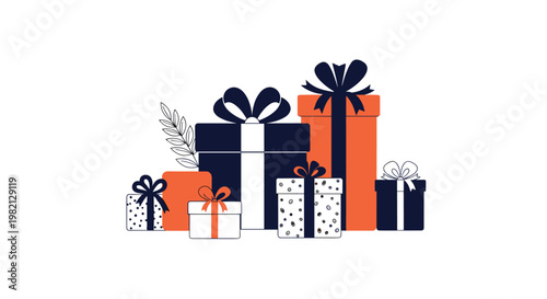 Group of various gift boxes wrapped in dark blue and bright orange paper with decorative ribbons and a delicate branch for holiday gifting.
