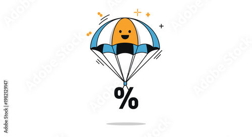 Happy yellow character with a percentage sign floats down from the sky using a blue and white striped parachute.