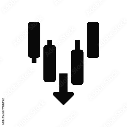 Bearish market trend icon with bars and a downward arrow. Stock market decline, financial crisis, data decrease, or value drop concept.