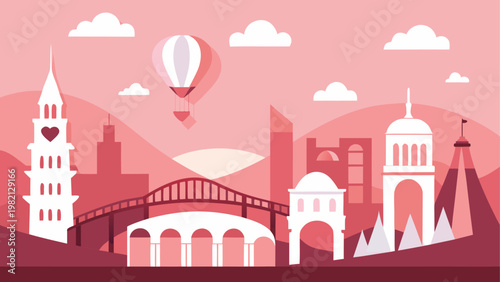 Colorful city skyline with hot air balloon at sunset