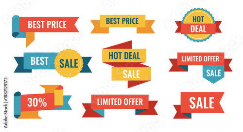 Extensive Collection of Colorful Sale and Promotion Ribbons Labels on Isolated White Background