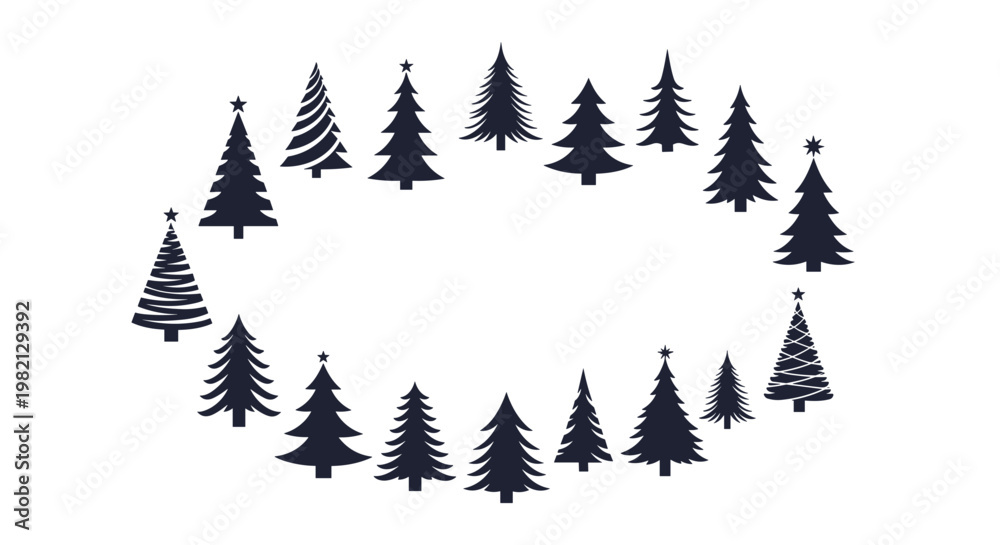 Obraz premium Minimalist silhouettes of various Christmas trees are arranged in an oval shape to create a festive holiday frame.