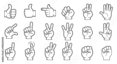 Hand gesture line icons set in black and white, showing various human finger signals and communication symbols on an isolated white background.