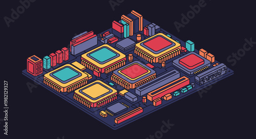 Isometric illustration of a futuristic computer motherboard with integrated circuits and processor chips on a dark background.