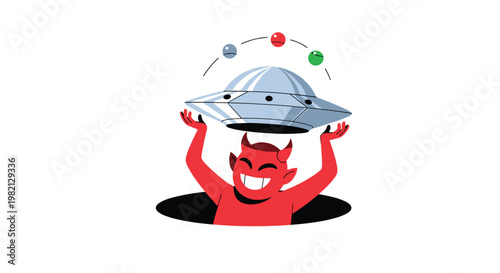 Red cartoon devil pops out of a dark hole while holding a grey UFO with colored balls orbiting around the flying saucer.