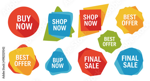 Vibrant collection of shopping call-to-action buttons and sale offer tags for online stores in a bright studio.