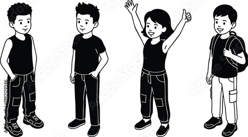 Line art three boys and one girl standing with hands pockets cheering and backpack