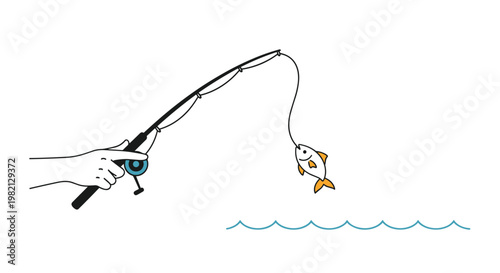 Hand holds a black fishing rod and successfully catches a small orange and white fish jumping out of the blue water.