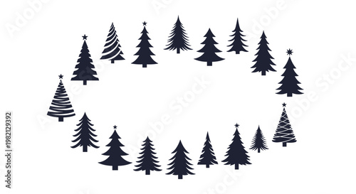 Minimalist silhouettes of various Christmas trees are arranged in an oval shape to create a festive holiday frame.