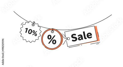 Three different price tags for a sale event hang from a string including a percentage sign and a ten percent discount.