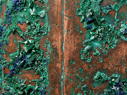 Oxidized Copper Surface with Green Crystal Mineral Clusters and Textured Patina