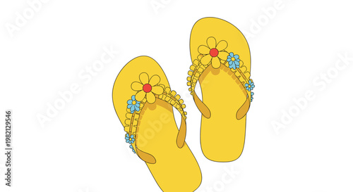 Pair of yellow summer flip flops is decorated with blue and yellow flowers and delicate ruffles for a beach theme.