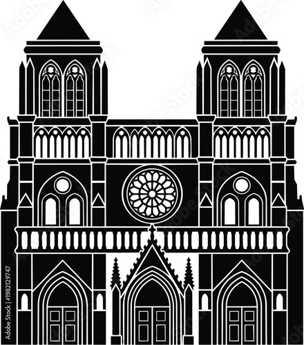 Black and white vector notre dame cathedral facade with rose window and twin towers portrait line art