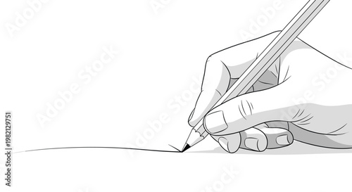 Black and white line drawing shows a close up of a hand holding a pencil and drawing a smooth curved line on paper.