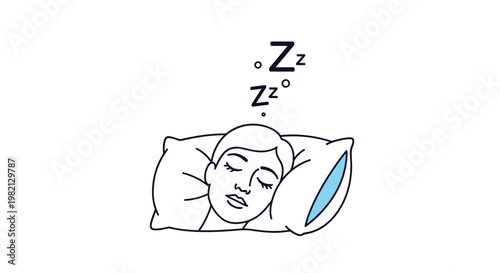Person sleeps peacefully on a comfortable white pillow with black zzz symbols floating above their head in line art.