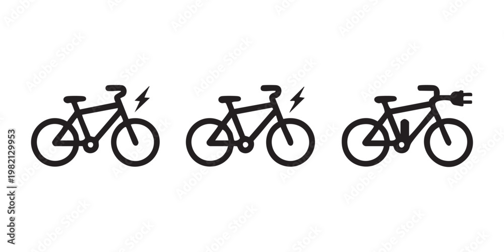 Fototapeta premium Three line art bicycle icons, two with a lightning bolt and one with a charging plug