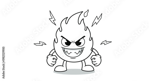 Angry fire flame character with a menacing facial expression and clenched fists surrounded by lightning bolts in black and white line art.
