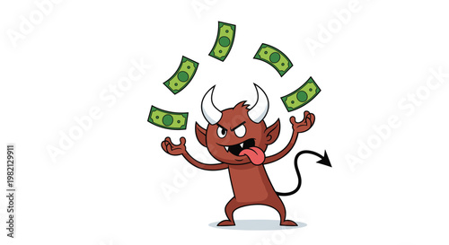 Mischievous cartoon devil character juggling several green dollar banknotes with a playful expression on his face and a long black tail.