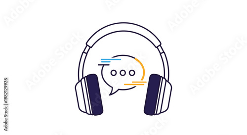 Simple vector icon of dark blue headphones featuring a speech bubble with three dots in the center to represent audio chat or support.