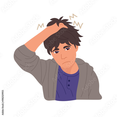 Young boy with headache holding head, flat vector illustration, child suffering from pain, migraine symptom, tired stressed kid cartoon character isolated design