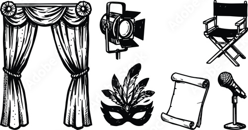 Black and white theatrical props set curtain spotlight director chair mask scroll microphone