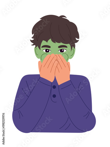 A boy with food poisoning experiencing nausea and malaise, stomach pain, and indigestion. Concept: flat vector illustration isolated on white background.