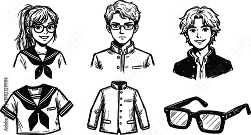 Manga line art school uniforms three heads glasses sailor collar gakuran jacket black and white