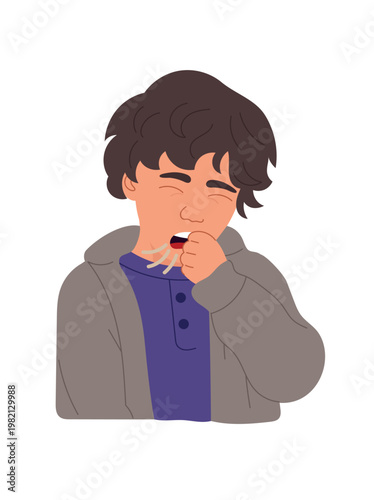 Sick boy coughing into his hand, cold or flu symptoms, childhood illness concept, flat vector illustration isolated on white background.