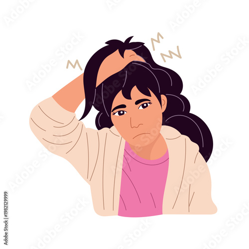 Girl holding her head experiencing pain, headache and migraine symptoms, feeling unwell, healthcare and medicine concept, flat vector illustration isolated on white background.