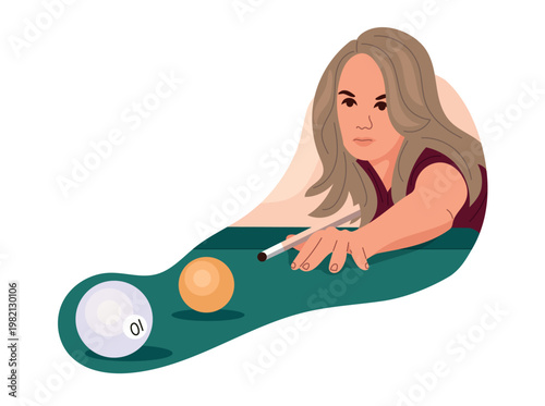 Woman playing billiards, aiming at billiard ball on table, snooker game scene, leisure and sport, flat vector illustration isolated on white background.