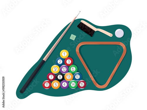 A billiards set, including a cue, balls, triangular stand, and chalk, is a snooker accessory. Flat vector illustration isolated on a white background.