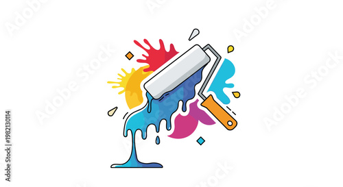 Paint roller applying bright blue paint over a background of colorful liquid splats in red yellow and magenta for a creative design project.