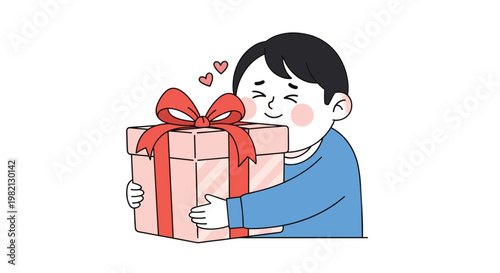 Joyful young boy with pink cheeks hugging a large pink gift box decorated with a red bow as small red hearts float above his head.