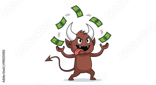 Playful cartoon devil juggling green dollar bills in a high arc while sticking his tongue out in a show of greed or financial success.