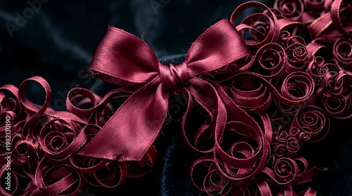 Elegant red silk ribbon bow on textured dark background