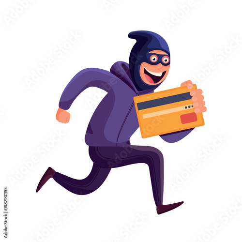 Running hacker holding stolen credit card, online payment fraud concept, cyber crime, identity theft, phishing scam, digital security breach vector flat illustration