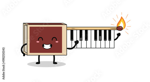 Creative matchbox character with a happy face holding a lit match that turns into a piano keyboard strip in a whimsical vector illustration.