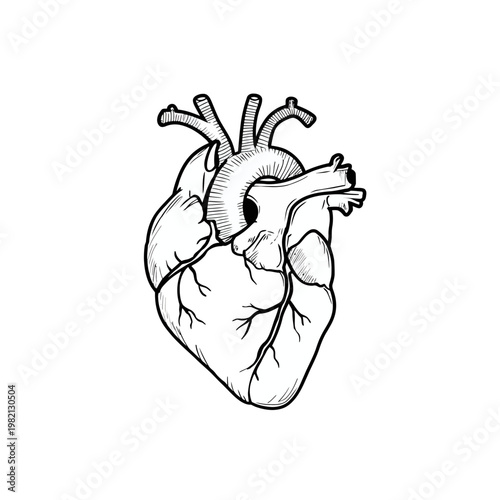 Anatomical human heart illustration in vintage etching style, detailed line art drawing of a biological organ for medical concepts.