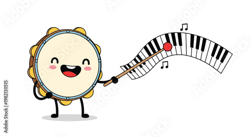 Whimsical tambourine character with a friendly face using a stick to play a curved piano keyboard strip as musical notes float in the air.