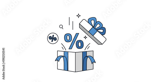 Open white gift box with blue ribbons as large percentage symbols pop out to symbolize a surprise discount or promotional retail sale.