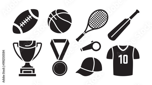 Black silhouette vector set of sports equipment including rackets, balls, and athletic gear representing fitness, recreation, competition, and active lifestyle themes