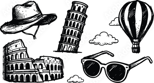 Hand drawn black and white leaning tower of pisa and colosseum with hat sunglasses balloon